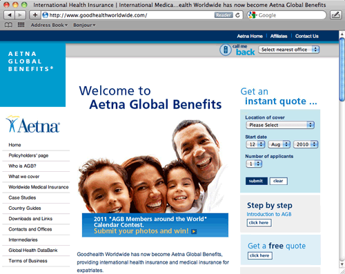 Screen shot of aetna website